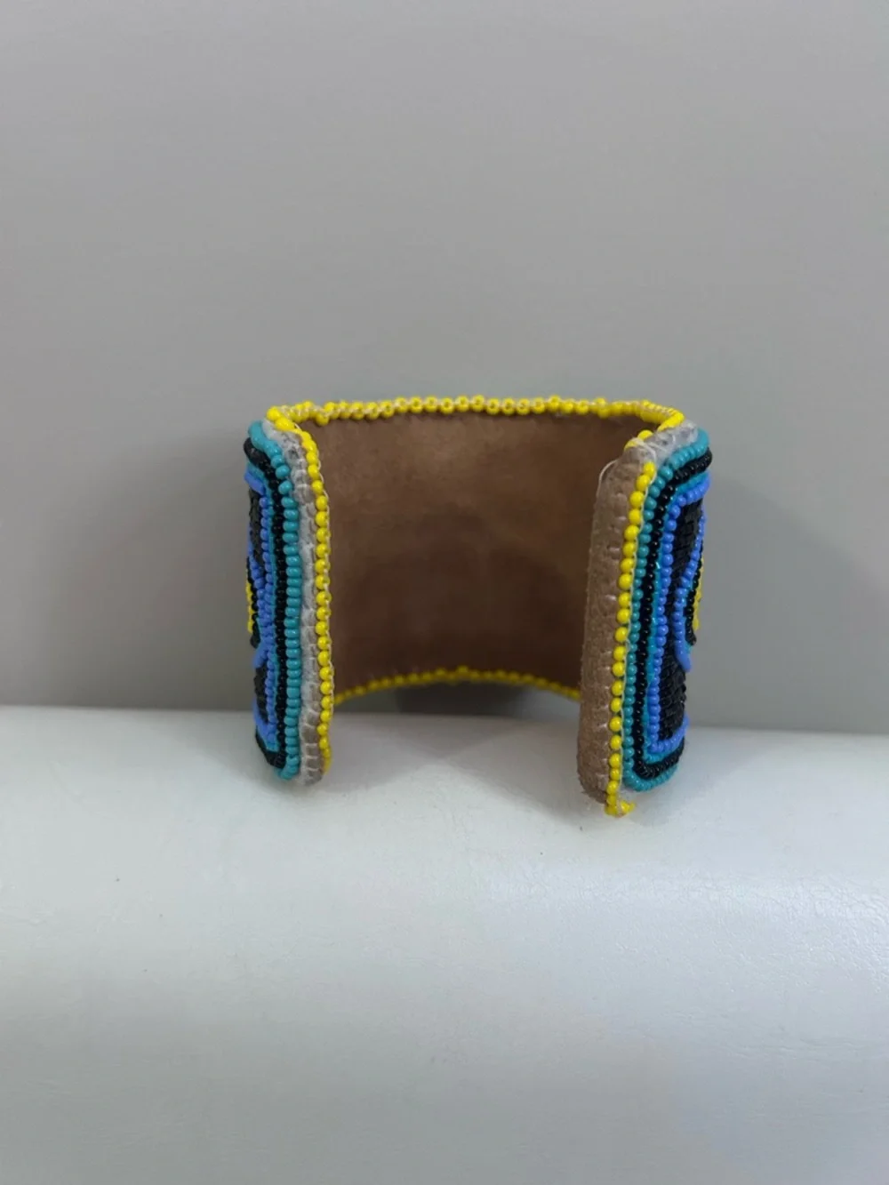 Handmade Adjustable Beaded Floral Cuff Bracelet - Purple & Yellow - Picture 5 of 9